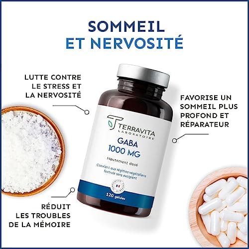 GABA 1000 mg | 120 Gélules | 100% Pur sans Excipients | Lutte contre le Stress et la Nervosité | Favorise une Humeur Positive et un Sommeil Réparateur | Cure de 2 mois | Made in France | Terravita