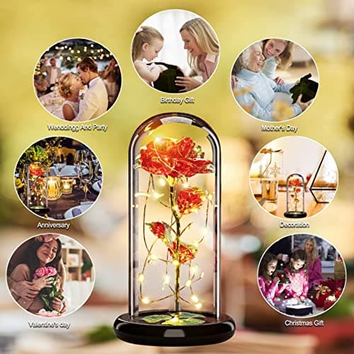 Rose Eternelle sous Cloche, Noel Cadeau pour Femmes, Galaxy Rose avec LED Lumières, Fleurs de Rose Lumineuses, Fleur Artificielle Cadeau pour Femme Maman Mère, pour Fête des Mères, Anniversaire