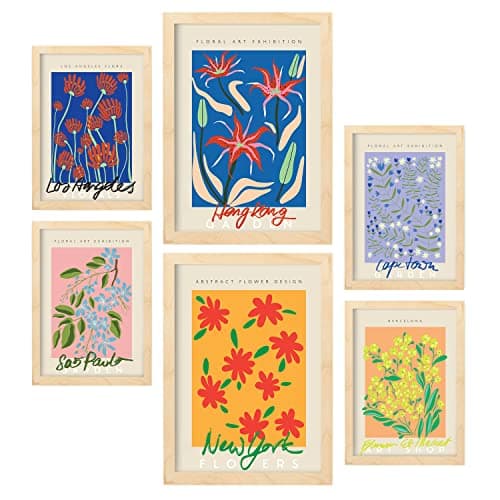 Nacnic Lot de 6 posters de galerie de fleurs - Collection de panneaux avec collage esthétique pour la décoration intérieure - Tailles A3 et A4 - Cadre en bois clair.