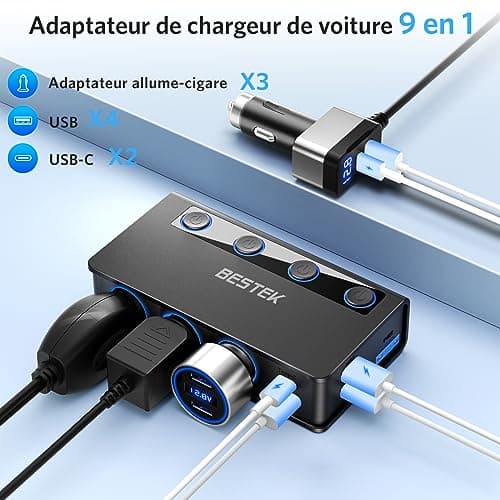 BESTEK Chargeur de Voiture 180W USB-C PD USB QC3.0, 3 Prises Adaptateur Allume Cigare USB 12V/24V avec 6 Ports USB avec Affichage LED pour iPhone Dash Cam