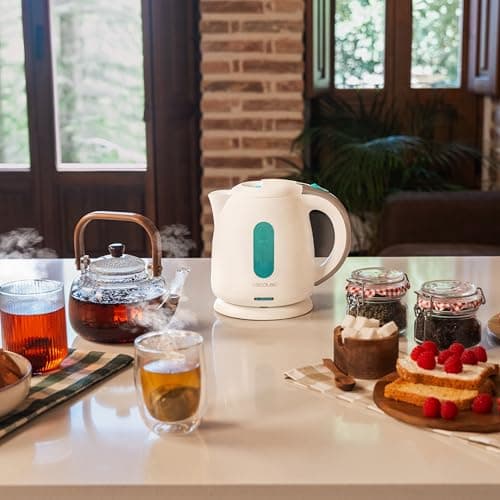 Cecotec Bouilloire électrique Thermosense 140 White. Bouilloire 1 L sans BPA, 2200 W, filtre anti-calcaire, base rotative 360o, sans fil et arrêt automatique pour un usage pratique et sûr.