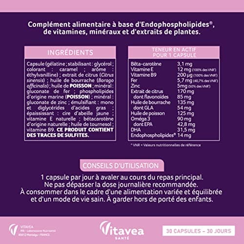 Vitavea Manhaé - Complément Alimentaire Ménopause et Pré-Ménopause Sans Hormones - pour Confort & bien-être - Acide Folique, Omega 3,Zinc,Fer - 30 gélules - Cure de 1 mois - Fabriqué en France