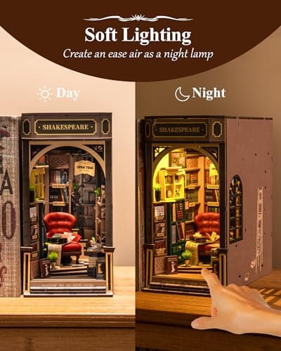 Rolife Book Nook Kit Shakespeare's Bookstore Booknook Construire Adult Serre-Livre Décoration de la Chambre Noël Anniversaire Cadeaux pour Filles Femme Toucher LED Lumières 194 Pcs (TGB07)