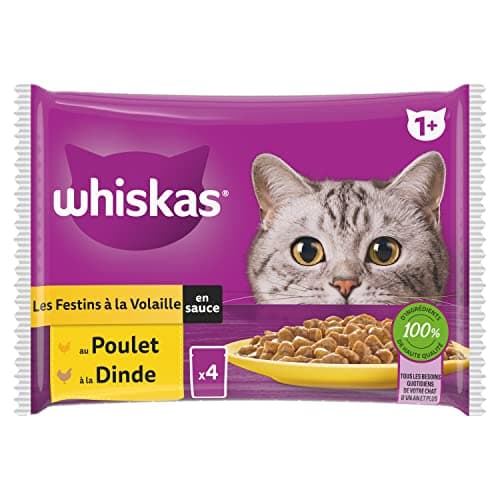 WHISKAS Repas pour Chat - 52 Sachets Fraîcheur (Lot de 13 Packs 4x85g) - Festins à la Volaille (2 saveurs) - Pâtée pour Chat Adulte en Sauce. Nourriture Humide Complète Adaptée aussi Chats Stérilisés