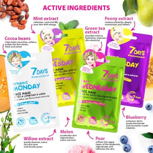 7Days Coffret Cadeau De Soins Pour Le Visage Avec Masques en Feuille - Ensemble De Masques En Tissu Hydratants, Nourrissants, Coffret Cadeau Beauté Avec Masque Visage Pour Femmes