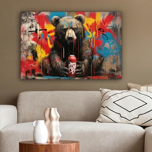 MuchoWow© Impression sur Toile Decoration Murale Peinture 60x40 cm Tableaux Decoratifs Muraux Déco Chambre Tableau Salon Graffiti - Ours - Bouteille - Mur - Street art - Banksy