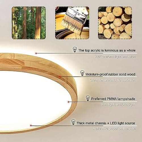 WayLuoung Plafonnier LED En Bois | Ø30cm 3000K 1620Lm 18W | Plafonnier Rond En Bois Naturel À 360°, Chambre À Coucher, Salon, Chambre D'Enfant, Cuisine, Salle À Manger, Maison, Bureau (Blanc Chaud)