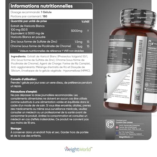 Haricots Blancs 5000 mg, 180 Gélules Vegan (6 Mois) Avec Zinc et Chrome Complément Alimentaire Pour Métabolisme des Glucides, Acides Gras et Glycémie - Extrait d'Haricots Blancs (50:1) - WeightWorld