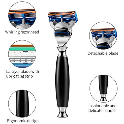Ensemble de rasage GRUTTI, couteau de luxe pour rasoir et support de pinceau avec bol de savon Cadeaux pour les hommes Rasage brosse de blaireau et manche de rasoir compatible avec Fusion 5