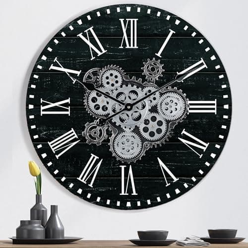 Lafocuse Horloge Murale Engrenages Mobiles Geante 57 cm Noire Industrielle Bois Vintage Pendule Murale Steampunk Chiffres Romains pour Salon Bar Bureau Cuisine