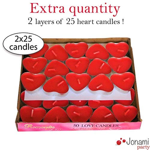 Bougies Romantiques et Pétales. 50 Bougies en Forme de Coeur + 1000 Pétales de Rose Rouges en Soie, 5 Ballons Coeur Rouges - Décoration pour Mariage, Saint Valentin et Fiançailles