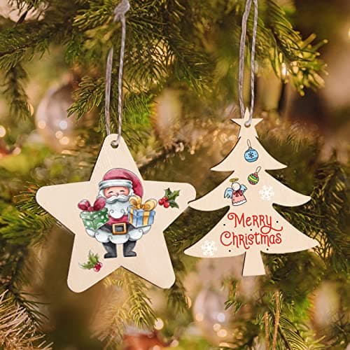 30 pcs Suspension Bois de Noël, Pendentifs en Bois Bricolage avec Ficelle pour Décorations Arbre de Noel(Sapin de Noël, étoiles et rennes)