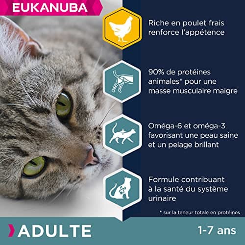 EUKANUBA - Croquettes Premium pour Chat Adulte - Alimentation 100% Complète et Equilibrée - Riche en Riz – Au Poulet Frais – Sans OGM, Sans Blé - Sac refermable – 10kg