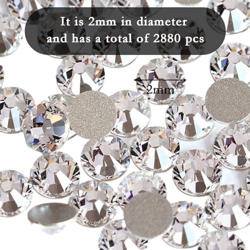 2880 Pièces Strass Kit, Silver Round Cristal, SS6 Rhinestone Non Autocollant, éBlouissant Gemstone pour DIY Craft Bling Maquillagé, Lumineux Diamante Gems pour Les Vêtements, 2 mm