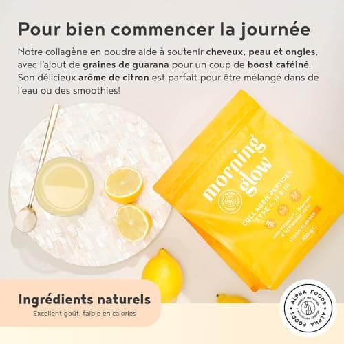 Collagene Poudre [400gr] | Collagen Peptides (Type I, II & III) | Vitamine C + E + Guarana + Acide Hyaluronique | Collagène Hydrolysé en Poudre pour Articulations, Ongles & Peau | Citron | Alpha Foods