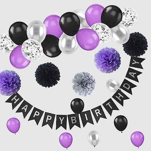 Décorations de fête de joyeux anniversaire noir violet et argent Fournitures de décoration de ballon avec bannière et rideau pour femmes hommes garçons filles 20th 30th 40th 50th 60th 70th Birthday