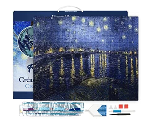 Figured’Art Diamond Painting Broderie Diamant 40x50cm Avec Cadre Toile Tendue Strass Perles Carrés - Van Gogh Nuit Etoilée sur le Rhone - Kit Complet 5D DIY Activité Manuelle Loisirs Créatifs Adultes