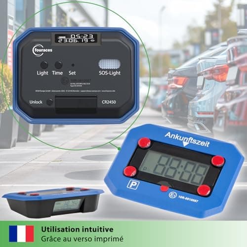 fouraces Disque de stationnement électronique - Automatique, Heure d'été et d'hiver - indicateur de Batterie, Homologation, Batterie de Rechange, pour Voiture, Bleue, Bleu