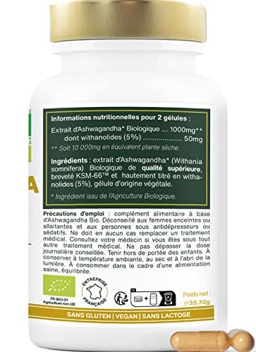Ashwagandha BIO Breveté KSM-66TM | Extra Fort : 5% withanolides | Stress, Sommeil, Énergie, Bien-Être | 60 gélules vegan de 500mg | Qualité Supérieure