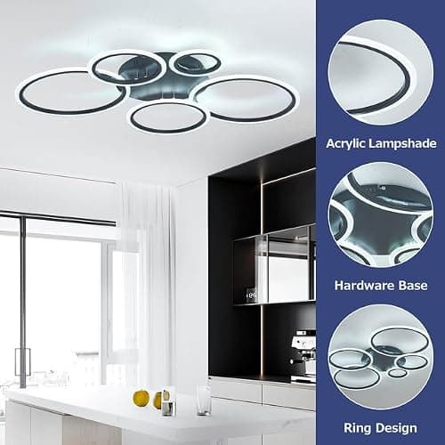 KeLuKes Plafonnier LED Chambre, Lustre LED Salon avec Télécommande, Fonction Mémoire, 3000k-6500k, Minuterie, Plafonnier Anneaux de 100cm, Noir