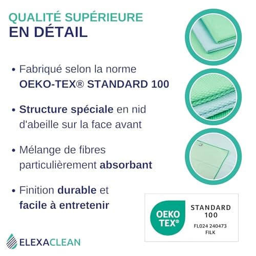 ELEXACLEAN Chiffon pour vitres en Microfibre sans Traces 60 x 40 cm et 40 x 30 cm - Certifié Oeko-Tex Standard 100