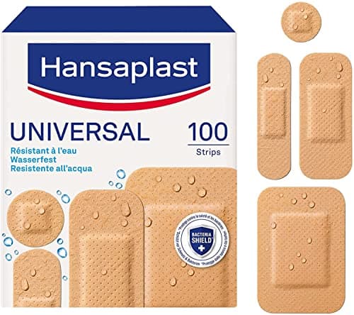 HANSAPLAST UNIVERSAL 100 pansements, Pansements résistant à l’eau et à la poussière, Pansements stériles prédécoupés pour toute la famille