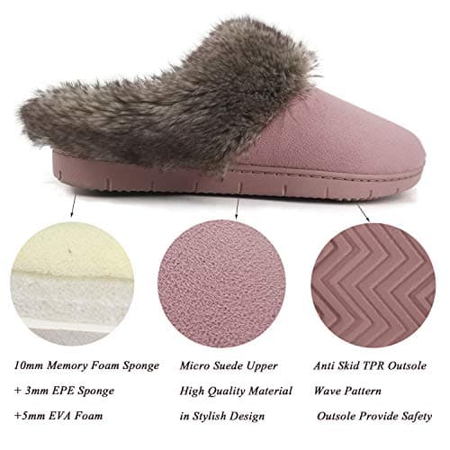 ofoot Pantoufles Femmes Hiver Chaud Mocassin Daim Fourrure, Chaussures de Maison Doublure Tricot Doux, Semelle en Caoutchouc Antidérapante