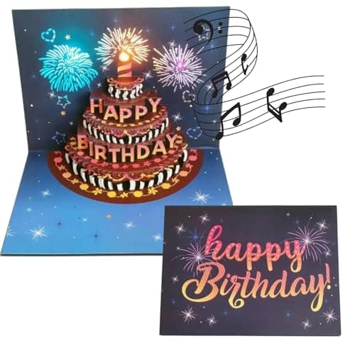 genkigold Carte 3D Joyeux Anniversaire avec Lumières, Musique et Son: Design Gâteau Feu d'Artifice - Cadeau pour Femmes, Hommes, Enfants, Épouse, Maman, Mari - Inclut Enveloppe et Étiquette de Note