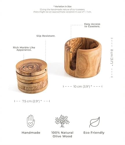 DARIDO Ensemble de 6 sous Verre Rondin de Bois d'Olivier Rustiques avec Support - Faits à la Main - 8 cm - Rondins de Bois Déco - Dessous de Verre - Tranche Bois Décorative – sous Tasse de Bois