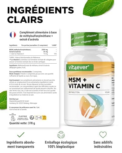 MSM 2000mg - 365 Comprimés - Avec Vitamine C Naturelle d'Acérola - Sans Additifs - 6 mois d'approvisionnement - Hautement Dosé - Vegan