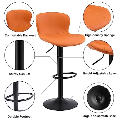 Youhauchair Tabouret Bar, Tabouret de Bar Réglable en Hauteur en Cuir PU, Chaise de Bar avec Dossier et Repose-Pieds, Chaise Haute Cuisine Pivotant, Moderne, Orange