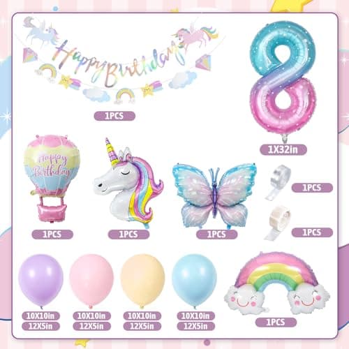 8 Ans Decoration Anniversaire Licorne, Decoration Anniversaire Papillon, Ballon Anniversaire 8 Ans Licorne, Decoration Anniversaire Fille 8 Ans pour Enfants Licorn Birthday Party Décorations