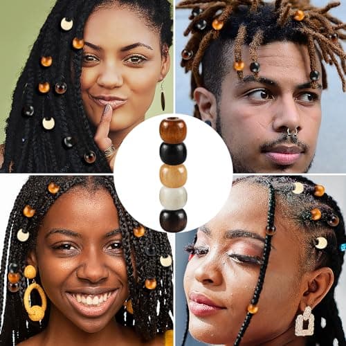 Andibro Lot de 200 perles en bois, 5 couleurs, grands trous, pour le bricolage, les dreadlocks, les tresses de cheveux, le macramé, la fabrication de bijoux