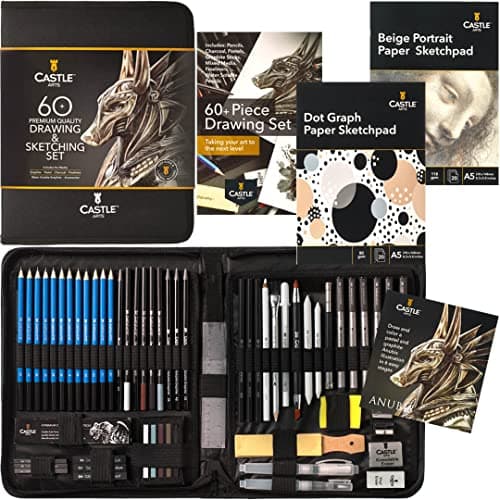 Castle Art Supplies Set 60 pièces Dessin et Croquis | Crayons, Bâtons Graphites, Fusains, Pastels et Solubles à l’Eau, Feutres Fins | Pour Professionnels et Artistes Adultes | Étui de Transport Zippé
