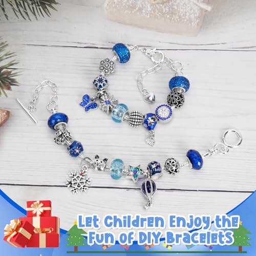 Calendrier de l'avent Bijoux, Calendrier de l'Avent 2024 Enfant Fille, DIY Calendrier de Noël Charms Bracelet Kit Fabrication Creation, Calendrier de l'avent Enfant, Cadeaux de Noël 5-13 Ans, Bleu