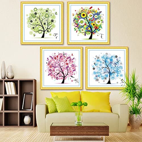 Cleana Arts Kits de Point de Croix, Arbre de Printemps, 11CT 3 Brins, kits de Broderie Estampés, 45cm×45cm