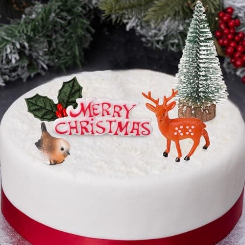 BETESSIN Ensemble de 5 Décoration Gâteau Noël Cake toppers Miniature Figurine Sapin Renne Oiseau Feuilles de Houx Joyeux Noël pour Cupcake Pâtisserie Desserts