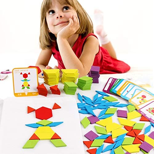 Afunti Puzzle en Bois-Tangram-Jouets Montessori-Jouets éducatifs classiques-155 Formes géométriques et 24 Cartes