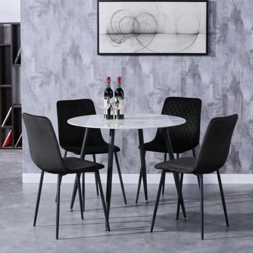 GOLDFAN Ensemble Table de Salle à Manger et 4 Chaise,Blanche Marbre Table et 4 Chaises,Table à Manger en Verre Ronde et 4 Chaises en Cuisine (4,Noir)