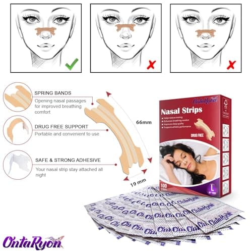 Bandelettes Nasales OntaRyon (x100 grandes) Aide Pour Arrêter Le Ronflement, Aide Anti-Ronflement Pour Respiration Nasale - Dilateur, Patchs Nasaux Pour Un Meilleur Sommeil