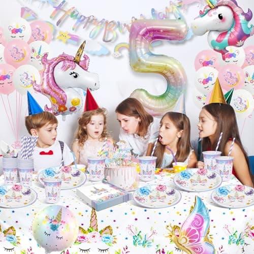 KQMGJYB Anniversaire Licorne Decoration Fille,5 Ans Licorne Vaisselle Anniversaire,Gobelets Serviettes Couverts Nappe Ballon Licorne pour 5 Ans Decoration Anniversaire 16 Invités