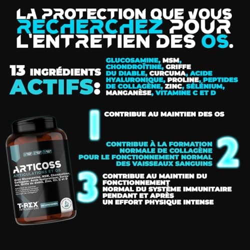 ARTICOSS, Glucosamine, Chondroïtine, MSM, Harpagophytum Supplément pour Articulations, Os es Cartilage avec Vitamine C et Vitamine D, Collagène et Acide Hyaluronique. 60 comprimés