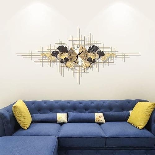 SYLUOQP Pendules Murales Art métal Horloge Murale Grande, Or Mur De Design Moderne Horloge pour Le Salon Creative Horloge Murale Silencieuse Decoration D'interieur -140X70CM