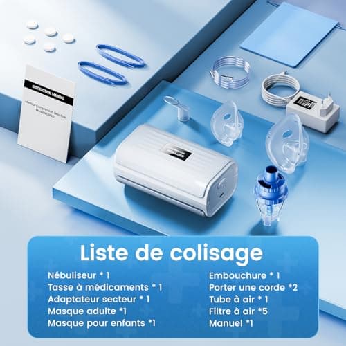 Nébuliseur à Ultrasons à Compresseur Silencieux - Nébuliseur Inhalateur Portable Puissance, Adapté Aux Enfants et Aux Adultes, Avec Tuyau Respiratoire et 2 Masques, Vitesse de Nébulisation Réglable