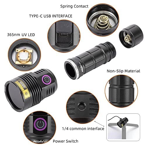 Alonefire SV47 12W Lampe Torche UV 365nm Rechargeable Longue Portée Ultraviolet Lumiere Noire Détecteur D'urine pour Resine, Pêche, Scorpion,Minéraux avec Lunettes de Protection UV, Batterie Incluse