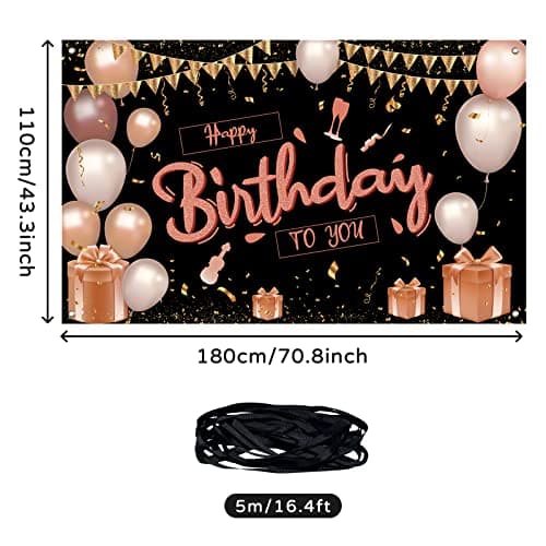 KOLIPHY Decoration Anniversaire, Noir Rose Banderole Joyeux Anniversaire Fête Deco Pour Hommes Femmes, Anniversaire Photographie Fond Bannière