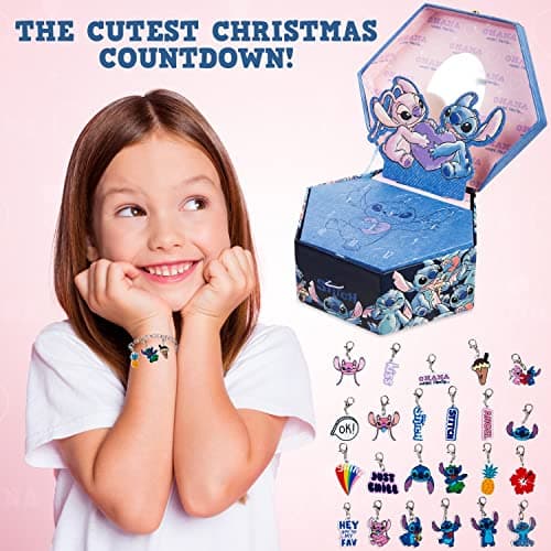 Disney Stitch Calendrier de l'Avent 2024 pour Fille - Bijoux avec Bracelet Charms (Bijoux Bleus)