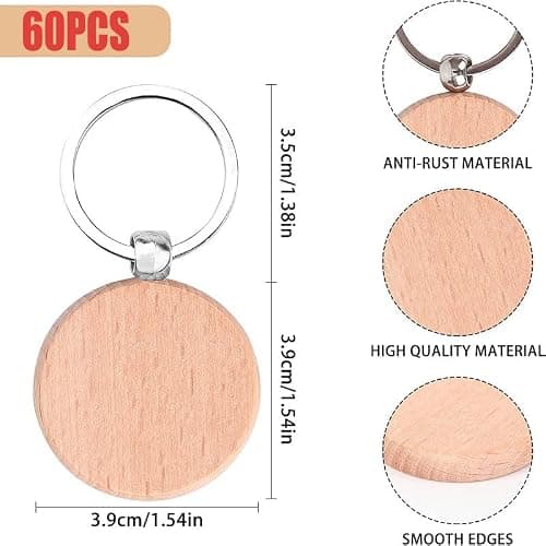 60 Pièces Porte-Clés en Bois Rond Vierge - Kit de Bricolage Pour Gravure et Cadeaux