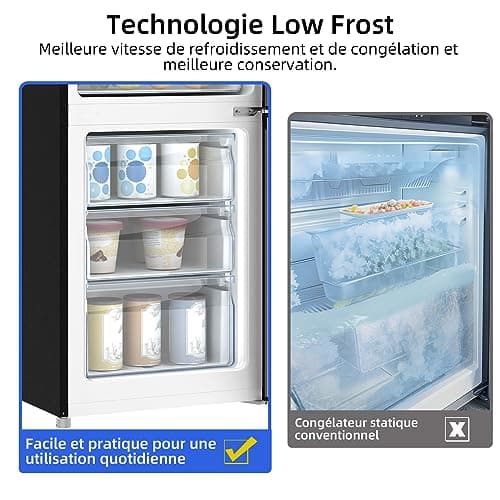 CHIQ Réfrigérateur congélateur bas FBM260L 262L (187+75), Low frost, Acier inoxydable, Portes réversibles, 39 db, 12 ans de garantie sur le compresseur