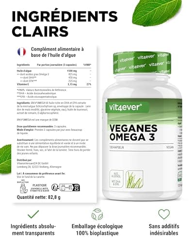 Omega 3 vegan - 120 gélules - Hautement dosé avec 1.500mg d'huile d'algues par dose journalière - Premium : matière première de marque life's®Omega - Faible en polluants - Hautement dosé